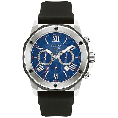 Reloj Bulova Marine Star 98B258 Fecha Cronometro Correa De Silicona Negro Dial Azul