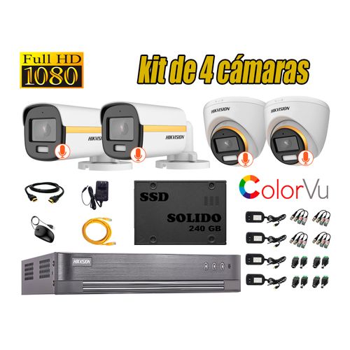 CÁMARAS SEGURIDAD HIKVISION KIT 4 FULL HD AUDIO COLORVU VISION + DISCO SSD 240GB