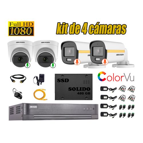 CÁMARAS SEGURIDAD HIKVISION KIT 4 FULL HD COLORVU 2 AUDIO + DISCO SSD 480GB