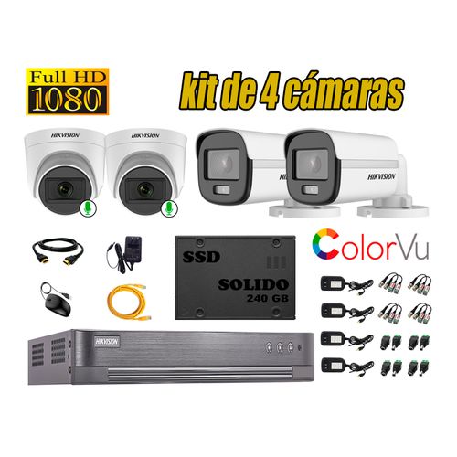 CÁMARAS SEGURIDAD HIKVISION KIT 4 FULL HD COLORVU VISION COLOR + DISCO SSD 240GB