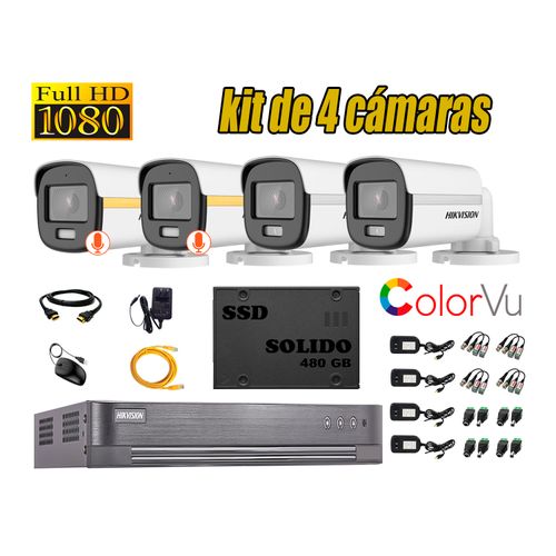 CÁMARAS SEGURIDAD EXTERIOR HIKVISION KIT 4 1080P TUBO COLORVU NOCHE + SSD 480GB