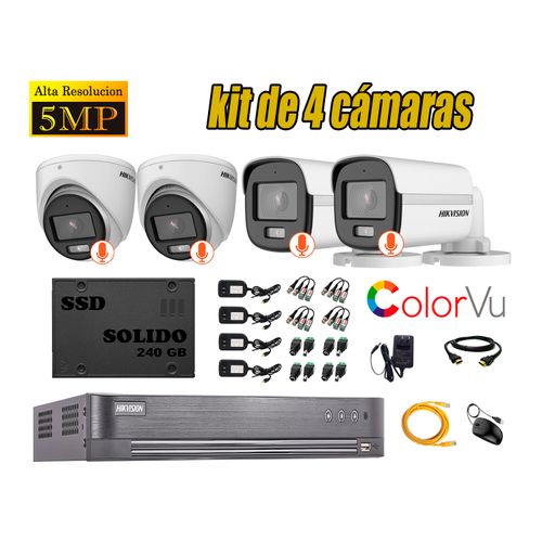 CÁMARAS SEGURIDAD HIKVISION KIT 4 5MP COLORVU VISION NOCTURNA + DISCO SSD 240GB