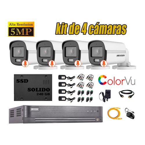 CÁMARAS SEGURIDAD EXTERIOR HIKVISION KIT 4 5MP COLORVU + SSD 240GB