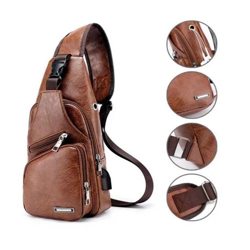 Morral Hombre Cuero Sintético Mochila Pechera Riñonera Calidad 2.0 Marrón