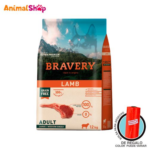 Comida De Perro Adulto Bravery Raza Grande Cordero 12 Kg