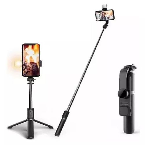 Selfie stick trípode con control remoto bluetooth, luz led, 1m de extención, negro