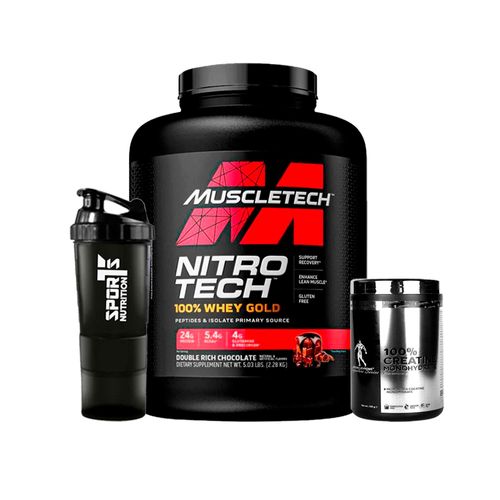 Pack Nitrotech Whey Gold Choco 5lb + Creatina 300gr + SmartShaker