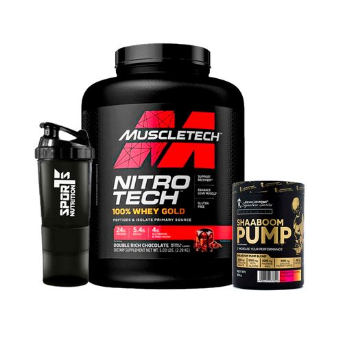 Pack Nitrotech Whey Gold Choco 5lb +Shaaboom Pump 385gr+ SmartShaker