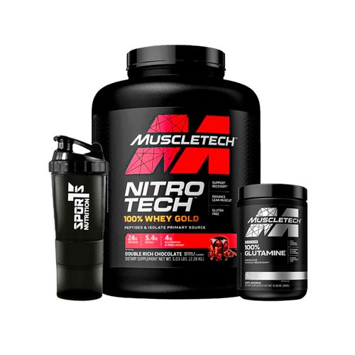 Pack Nitrotech Whey Gold Choco 5lb +Glutamina 300gr+ SmartShaker