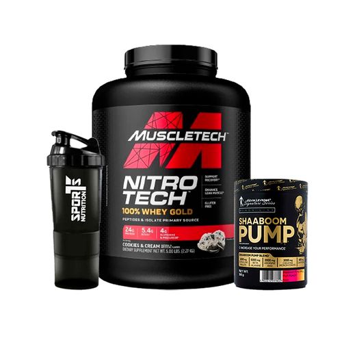 Pack Nitrotech Whey Gold Cookies and cream 5lb +Shaaboom Pump 385gr+ SmartShaker