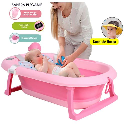 Bañera Plegable JELLY Con Termómetro Rosado +Gorro