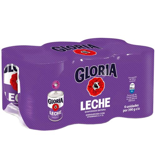 Leche Evaporada Entera GLORIA Lata 390g Paquete 6un