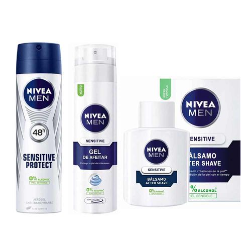 Pack Bálsamo After shave NIVEA Men Sensitive Protect - Frasco 100ml + Gel de Afeitar Frasco 200ml + Desodorante Spray NIVEA - Frasco 150ml