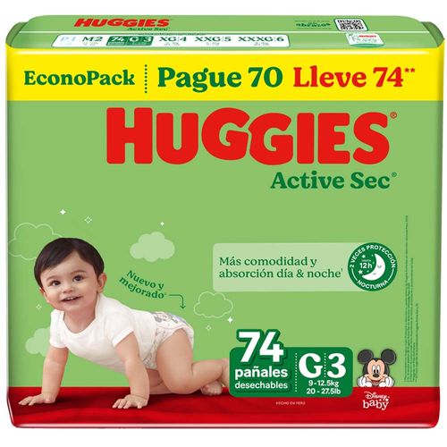 Pañal HUGGIES Active Sec Paquete 74un