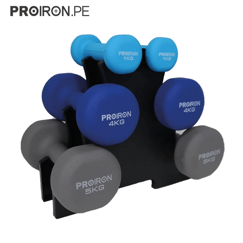 Set de mancuernas de neopreno PROIRON de 1KG, celeste 4KG Y 5KG + Rack