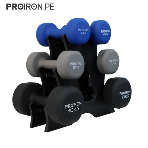 Set de mancuernas de neopreno PROIRON de 4KG, 5KG Y 10KG + Rack