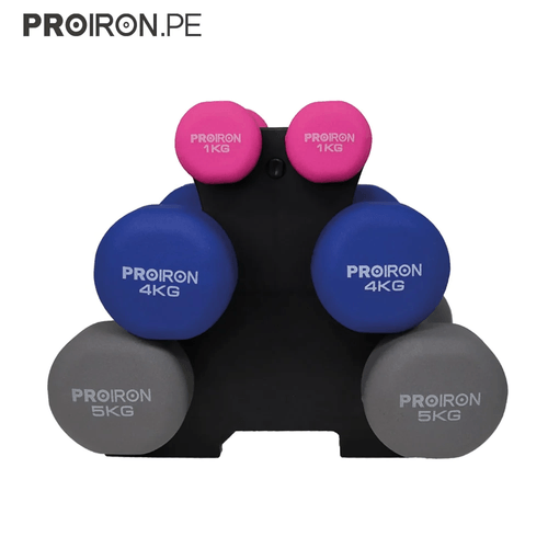 Set de mancuernas de neopreno PROIRON de 1KG, 4KG Y 5KG + Rack