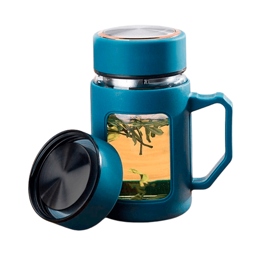 Taza de Vidrio con Tapa Rosca y Asa Doble Capa 500 ml Azul