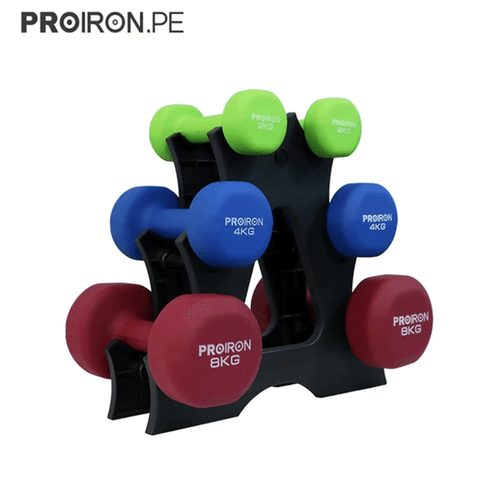 Set de mancuernas de neopreno PROIRON de 2KG, 4KG Y 8KG + Rack