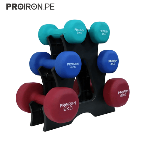 Set de mancuernas de neopreno PROIRON de 3KG, 4KG Y 8KG + Rack