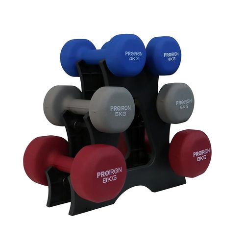 Set de mancuernas de neopreno PROIRON de 4kg 5kg y 8kg + Rack