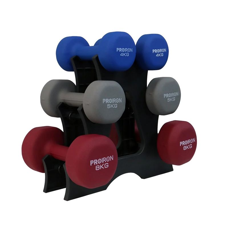 Set-de-mancuernas-de-neopreno-PROIRON-de-4kg-5kg-y-8kg---Rack