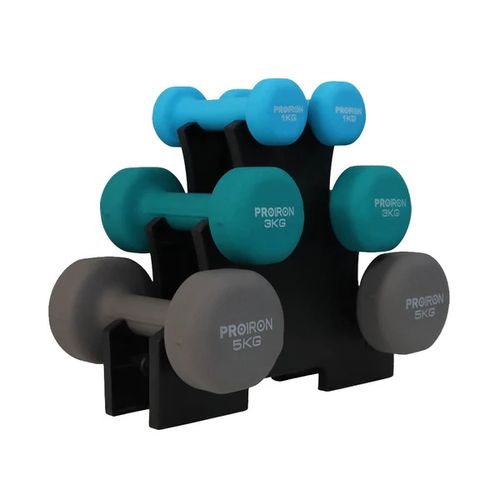 Set de Mancuernas de Neopreno de 3KG, 5KG Y 8KG + Rack