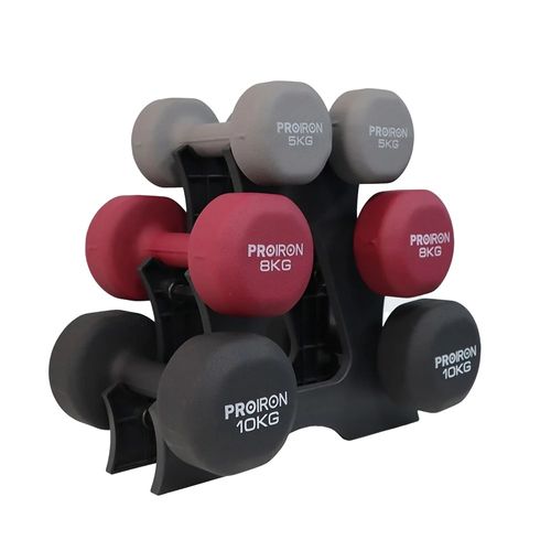 Set de mancuernas de neopreno PROIRON de 5kg 8kg y 10kg + Rack