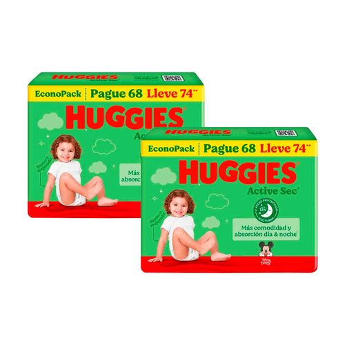 Pack Pañales para Bebé HUGGIES Active Sec XG Paquete 74un x 2un