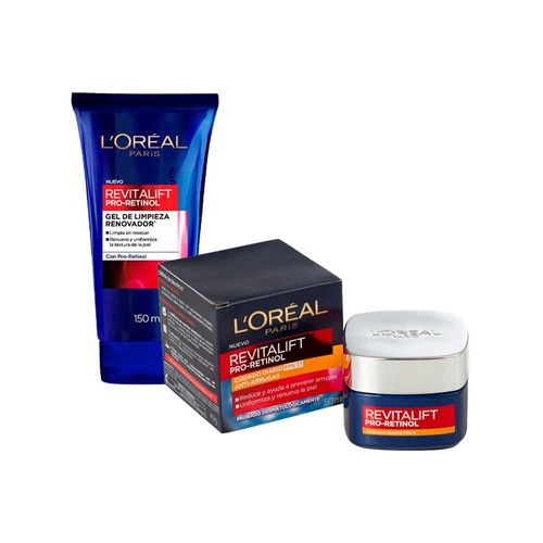 Pack L'ORÉAL Revitalift Pro-Retinol Crema Tratamiento 50ml + Gel de Limpieza Tubo 150ml + Sérum de Noche Anti Arrugas Caja 30ml