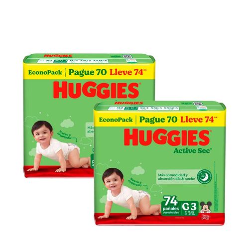 Pack Pañal HUGGIES Active Sec Paquete 74un x 2un