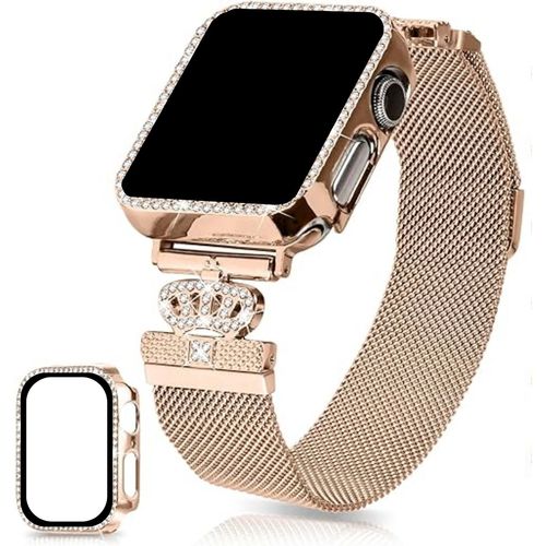 Correa de Acero Inoxidable para Apple Watch Diamantes Fantasia y Case Rose Gold