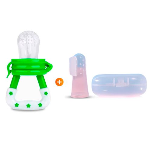 Chupón Anti-ahogo para bebes Verde + Cepillo Dedal para Dientes y Encías Transparente