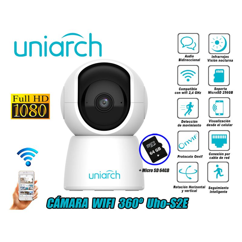 Camara-Seguridad-Uniarch-Wifi-Inalambrico-1080P-360°-Uho-S2E---SD-64GB