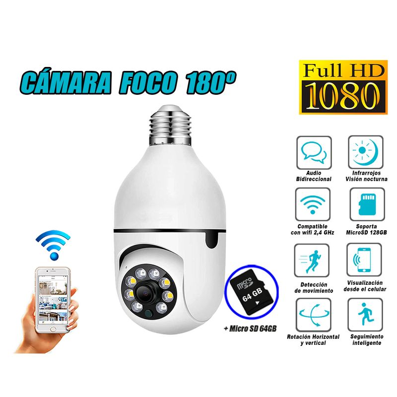 Camara-Seguridad-Foco-180º-WiFi-Inteligente-Full-HD---Micro-SD-64GB