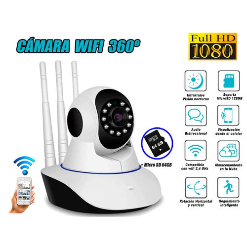 Cámara de Seguridad 360º 3 Antenas 1080P WiFi Inteligente MicroSD 64GB