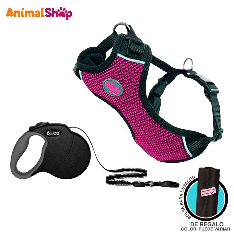 Arnes-De-Perro-Doco-Comfortable-S-Rosado-Correa-Retractil