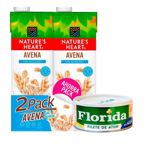 Pack Bebida de Avena NATURE'S HEART Caja 946ml 2un + Filete de Atún FLORIDA en Agua 110kcal Lata 150g