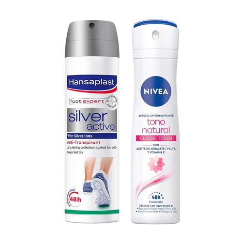 Pack Hansaplast Spray Desodorante para Pies Silver Active 150ml + Desodorante en Spray NIVEA Tono Natural Classic Touch 150ml