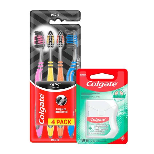 Pack Cepillo De Dientes COLGATE Zig Zag Carbón x 4un + Hilo Dental COLGATE Mint x50mts