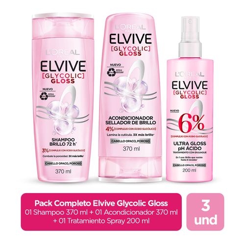 Pack ELVIVE Tratamiento Enjuague Glycolic Gloss 200ml + Shampoo Glycolic Gloss 370ml + Acondicionador Glycolic Gloss 370ml