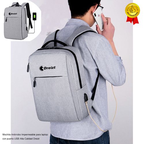 Mochila Antirrobo Impermeable para Laptop con Puerto USB Alta Calidad Dreizt Gris