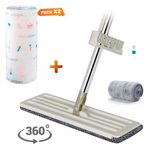 Trapeador Plano 360° 2 Mopas BG o VD Y Papel Toalla Reutilizable X2