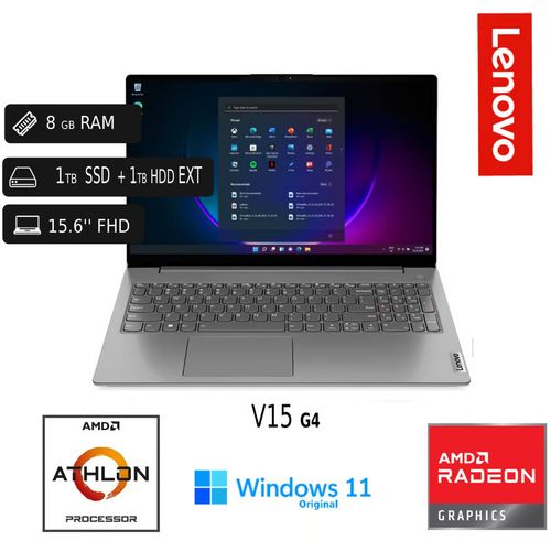 Laptop Lenovo V15 G4 AMD Athlon Silver 7120U 8GB RAM 1TB SSD+1TB HDD EXT