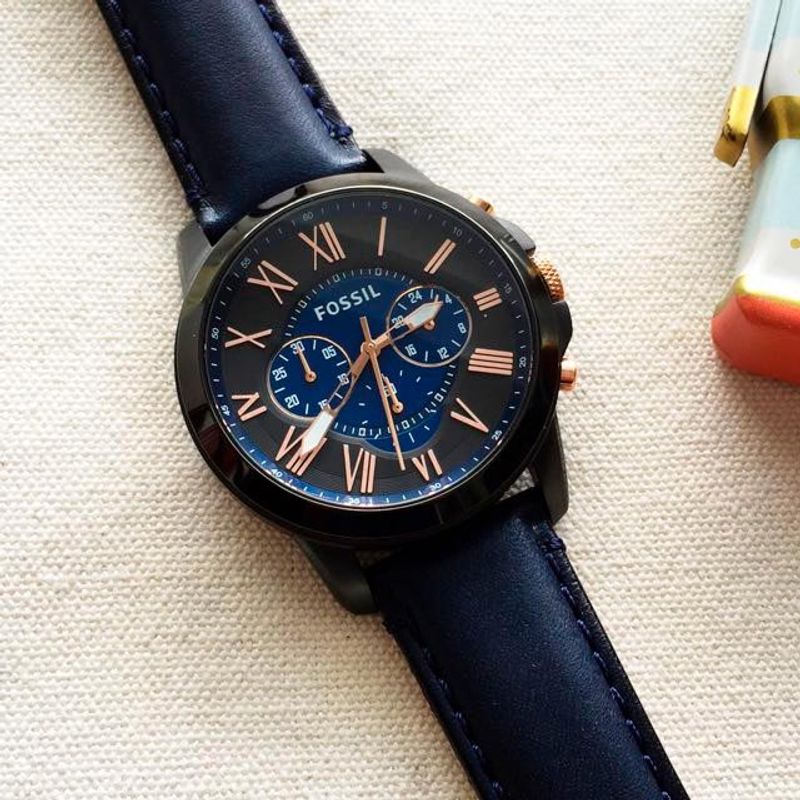 Reloj-Fossil-Grant-FS5061-Cronometro-Correa-de-Cuero-Azul-Acero-Negro