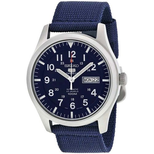 Reloj Seiko 5 Sports SNZG11 Automático Fecha Acero Inoxidable Mate Correa de Nailon Azul