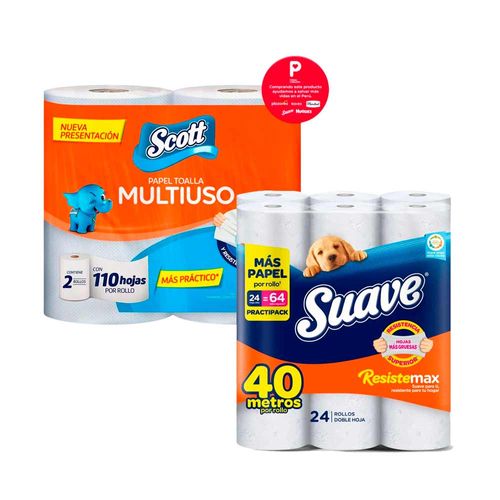 Pack Papel Higiénico SUAVE Resistemax 40mts Paquete 24un + Papel Toalla SCOTT Multiusos 2 en 1 Paquete