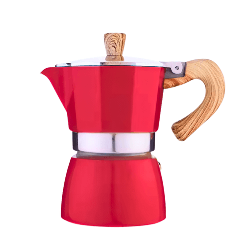 Cafetera Italiana con Mango de Madera y Aluminio Rojo 150 ml