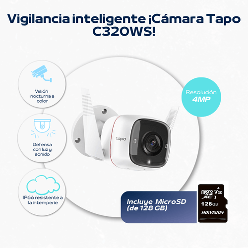 Cámara de seguridad Wi-Fi Tapo C320WS  MemoriaSD 128GB - Tp-Link