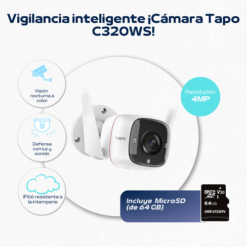 Cámara de seguridad Wi-Fi Tapo C320WS  MemoriaSD 64GB - Tp-Link